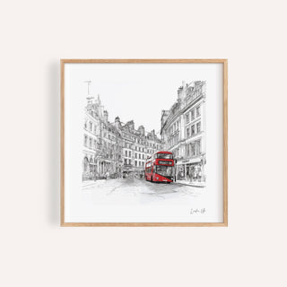 Framed London England wall art of a red double-decker bus on a London street in line-art style