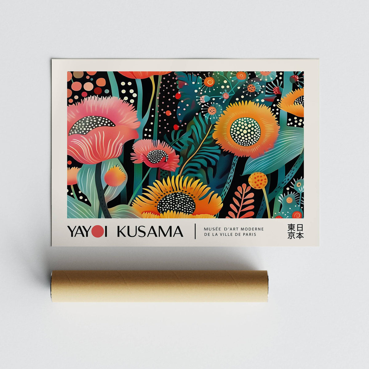 Floral wall art of kaleidoscope flowers in yellow and pink above a cardboard packaging tube