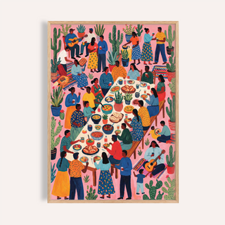 Fiesta Art framed print close-up of a group having fiesta with bright colours and folk-art style