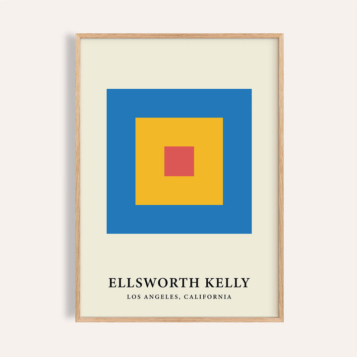 Minimalist Art framed print of blue, yellow and red concentric blocks with text below
