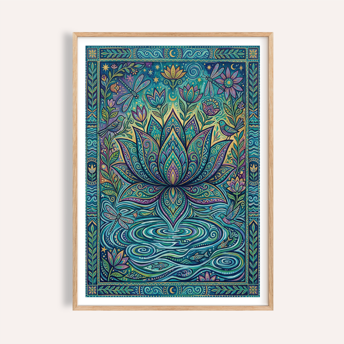 Framed colorful nature print of a lotus flower with birds and dragonflies in blue and green