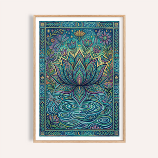 Framed colorful nature print of a lotus flower with birds and dragonflies in blue and green
