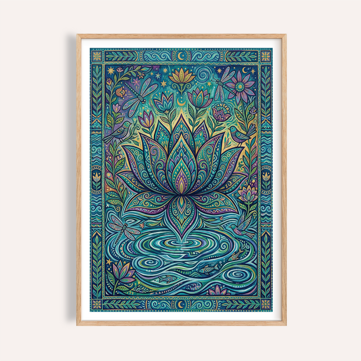 Framed colorful nature print of a lotus flower with birds and dragonflies in blue and green