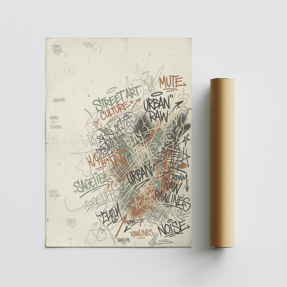 Rolled print with urban street art print showing abstract graffiti text in muted colours