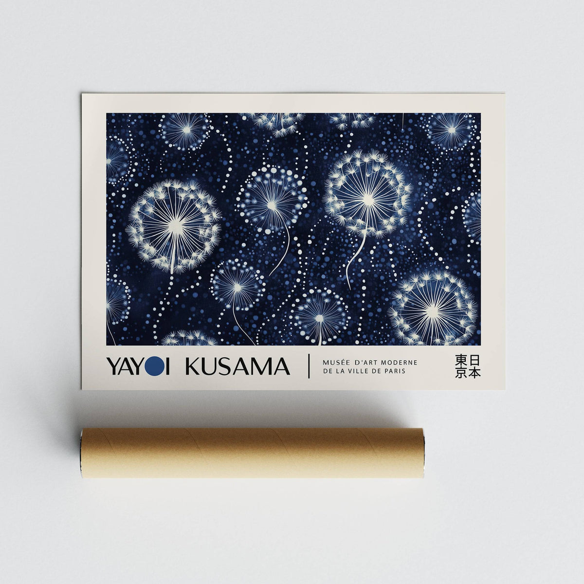 Landscape Posters showing dandelion seed heads in white on a dark blue background with packaging tube