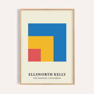 Modern Minimal Wall Art of nested blue yellow and red squares with artist name text visible