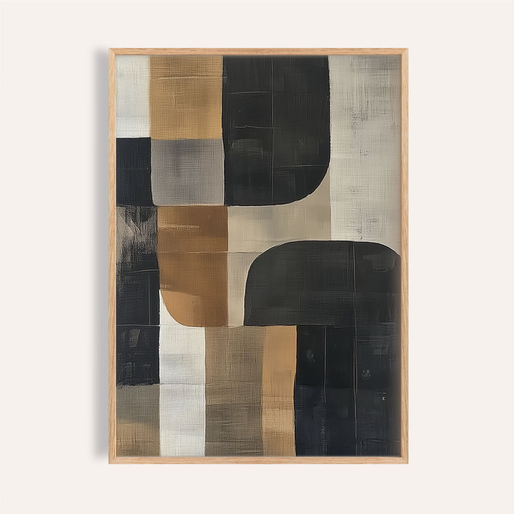Pictures for Living Room Wall abstract geometric shapes in black and gold with a natural wood frame