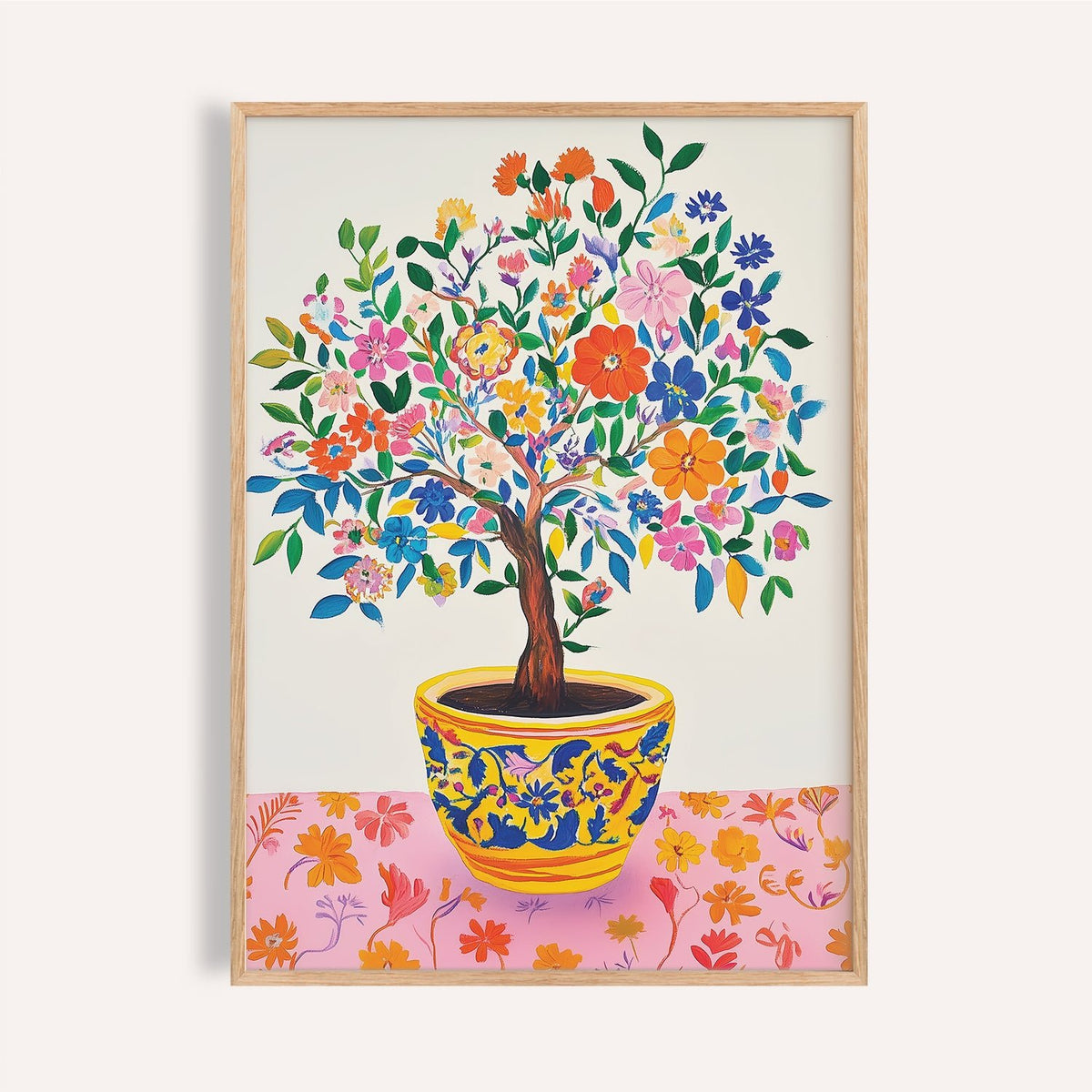 Framed Tree of Life wall art with bright flowering tree in a patterned yellow pot