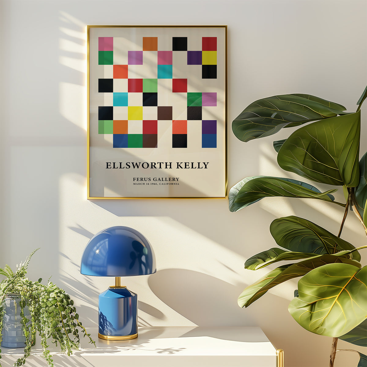 Posters for Office of colourful squares grid in minimalist style with a blue lamp and green plants nearby