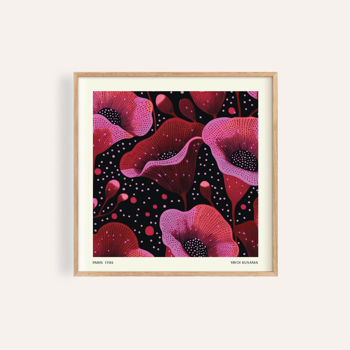 Framed Abstract Pink Art of pink poppy flowers with black and red background