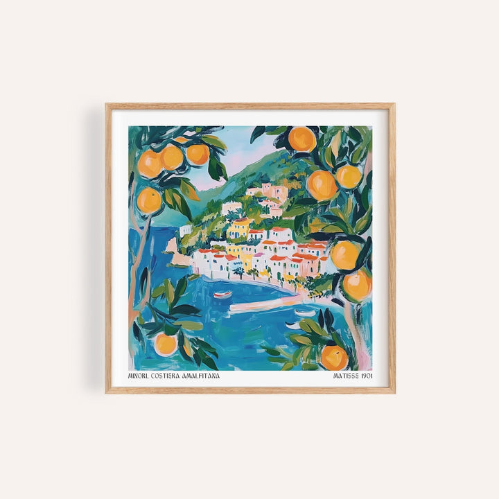 Amalfi wall art with a blue sea and orange trees in a watercolour style