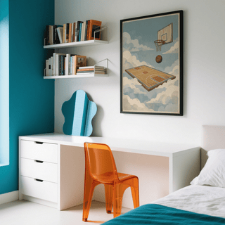 Basketball Court Art Print on a bedroom wall above a white desk with an orange chair and shelves