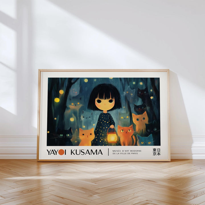 Anime Girl Poster print leaning on the floor with a wooden floor visible