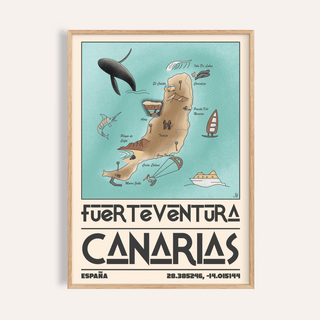 Framed Canary Islands wall art with a typographic map of Fuerteventura island in turquoise and brown