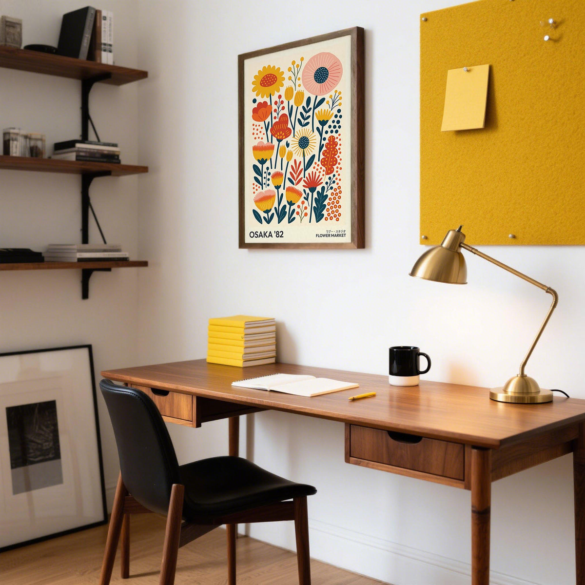Wall Art Flowers print of colourful stylised flowers in a minimalist style in a home office with a desk lamp