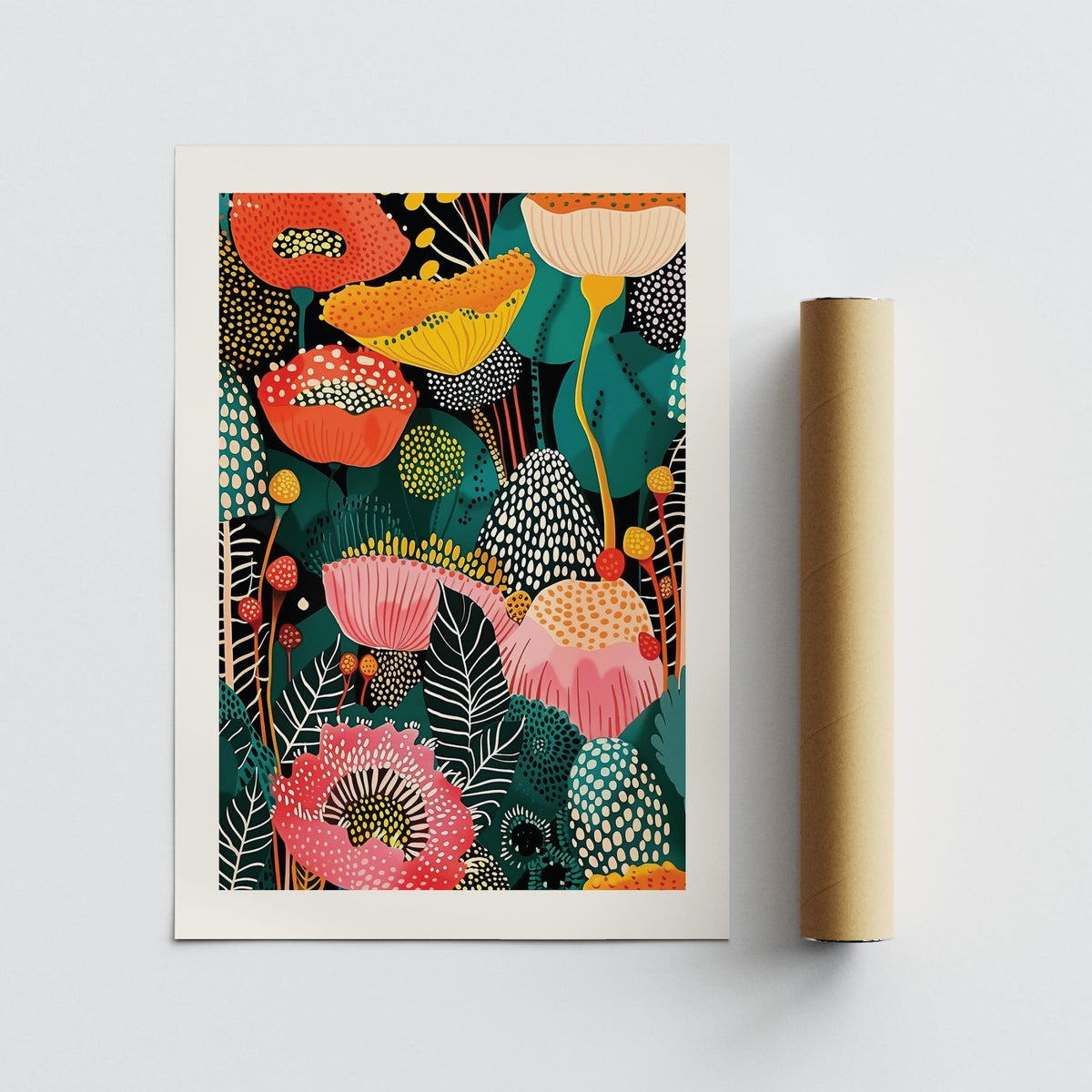 Flower wall art decor showing a colourful abstract flower bouquet with bright yellow and pink tones next to a packaging tube