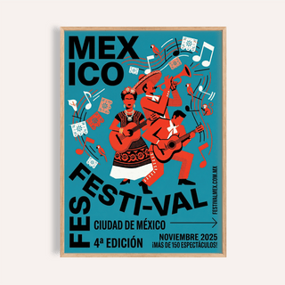 Framed Mexican Festivity Art Print with a mariachi band illustration on a turquoise background