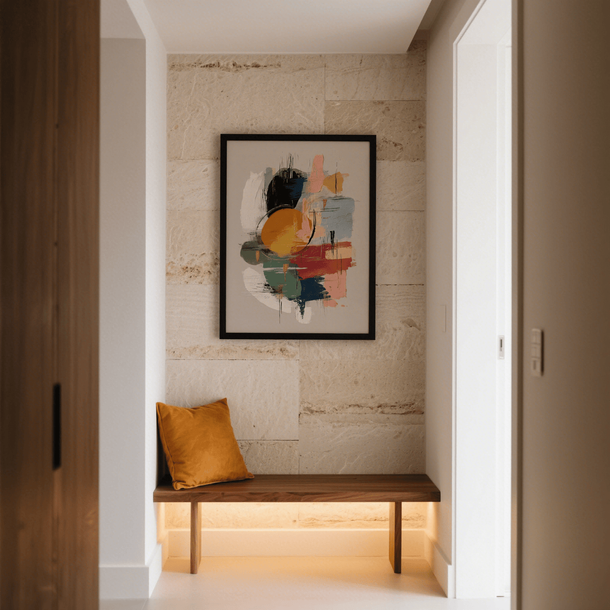 Colourful Art Poster with abstract paint strokes in warm colours above a wooden bench with a mustard cushion