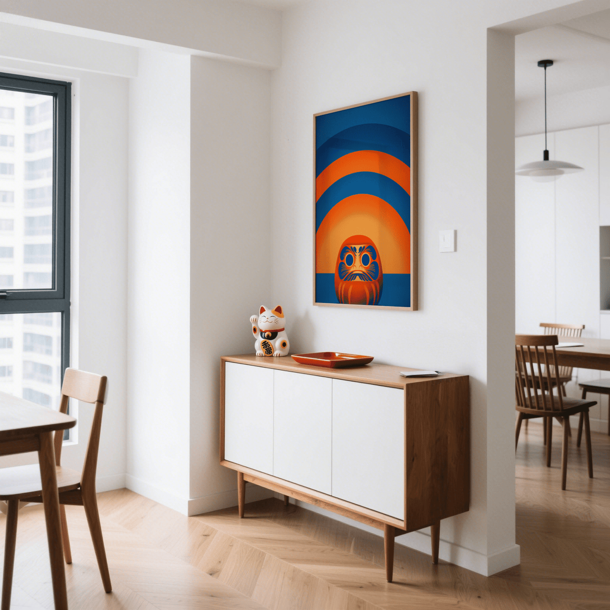Daruma Doll wall art with orange and blue tones above a cabinet with a ceramic cat figure