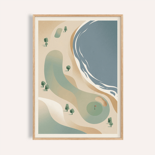 Framed Coastal Golf Course Art Print with abstract shapes of green, sandy beige and blue close-up