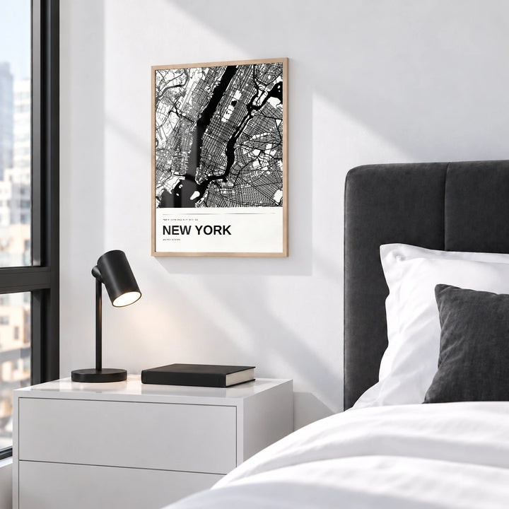 New York personalised black and white map print with Perspex � Natural wood frame � Bedroom