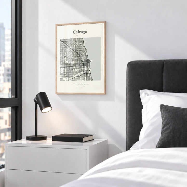 Chicago personalised City Atlas map print with Perspex - Natural wood frame - Bedroom