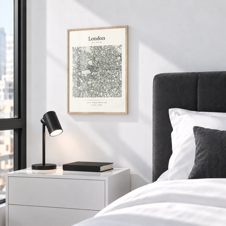 London personalised City Atlas map print with Perspex - Natural wood frame - Bedroom