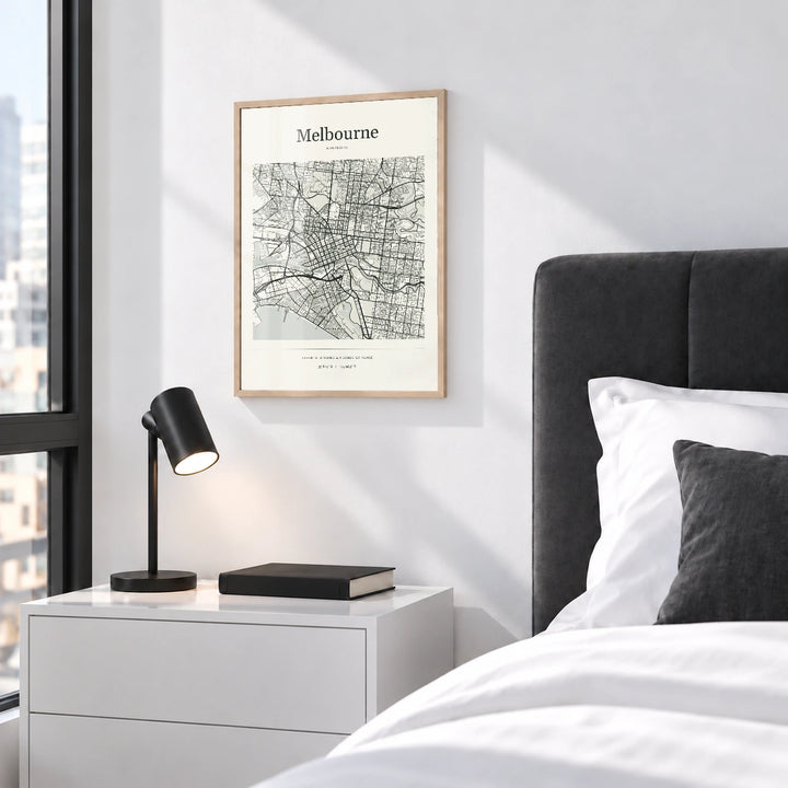 Melbourne personalised City Atlas map print with Perspex - Natural wood frame - Bedroom
