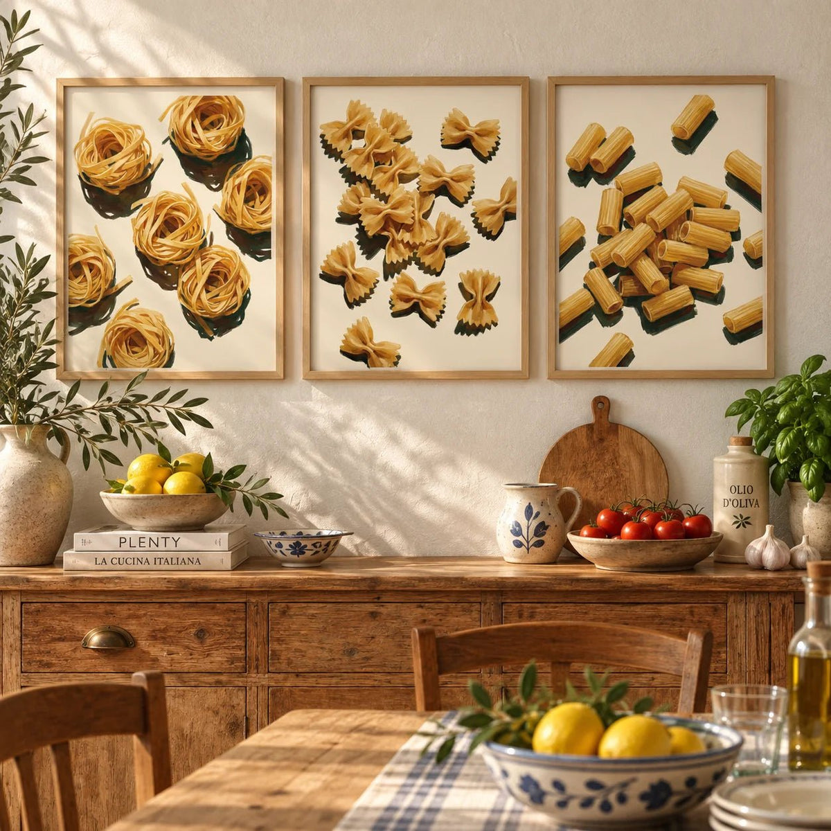 Italian kitchen prints set of 3 with pasta types in light wooden frames above a wooden sideboard in a rustic kitchen