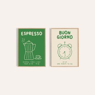 Green Kitchen Prints Set of 2: Espresso Hours and Morning Bells side by side, two separate unframed prints