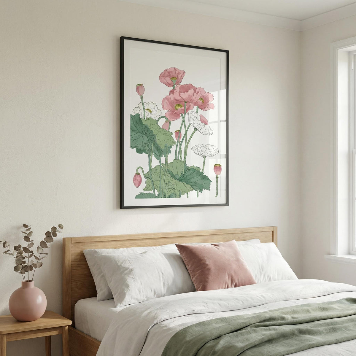 Botanical flower print with pink and white poppies above a wooden bed in a bedroom