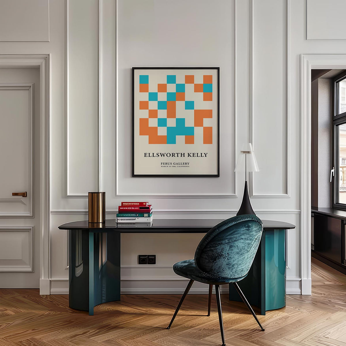 Large Geometric Wall Art above a desk with orange and blue squares in a minimalist room