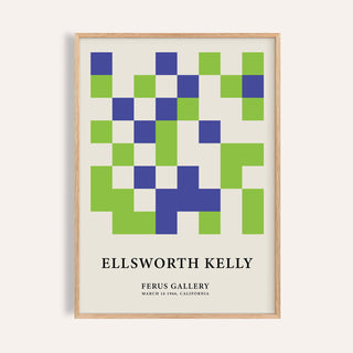 Minimal wall art framed print featuring green and blue abstract squares on a cream background