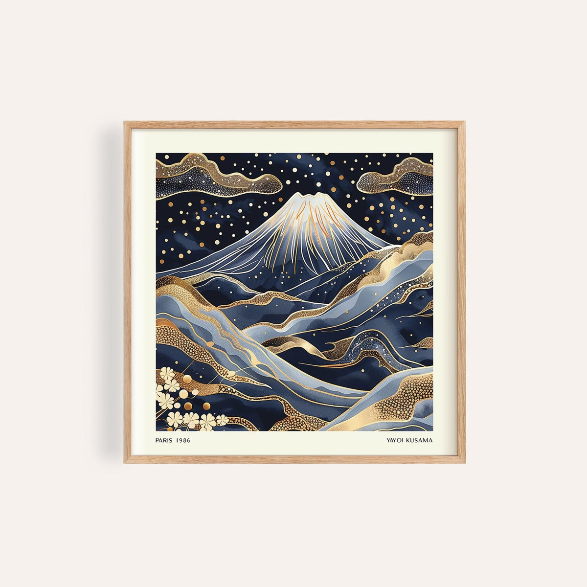 Framed print of Blue and Gold Wall Art showing Mount Fuji with night sky and gold detailing