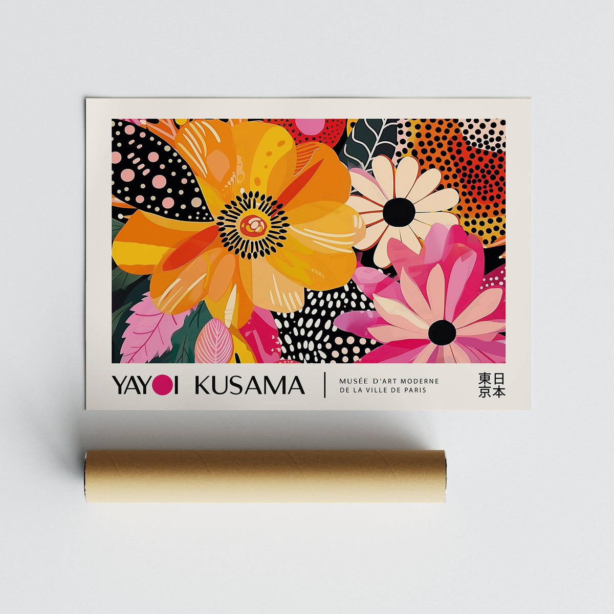 Floral Poster Art bright abstract flowers with orange and pink tones with packaging tube