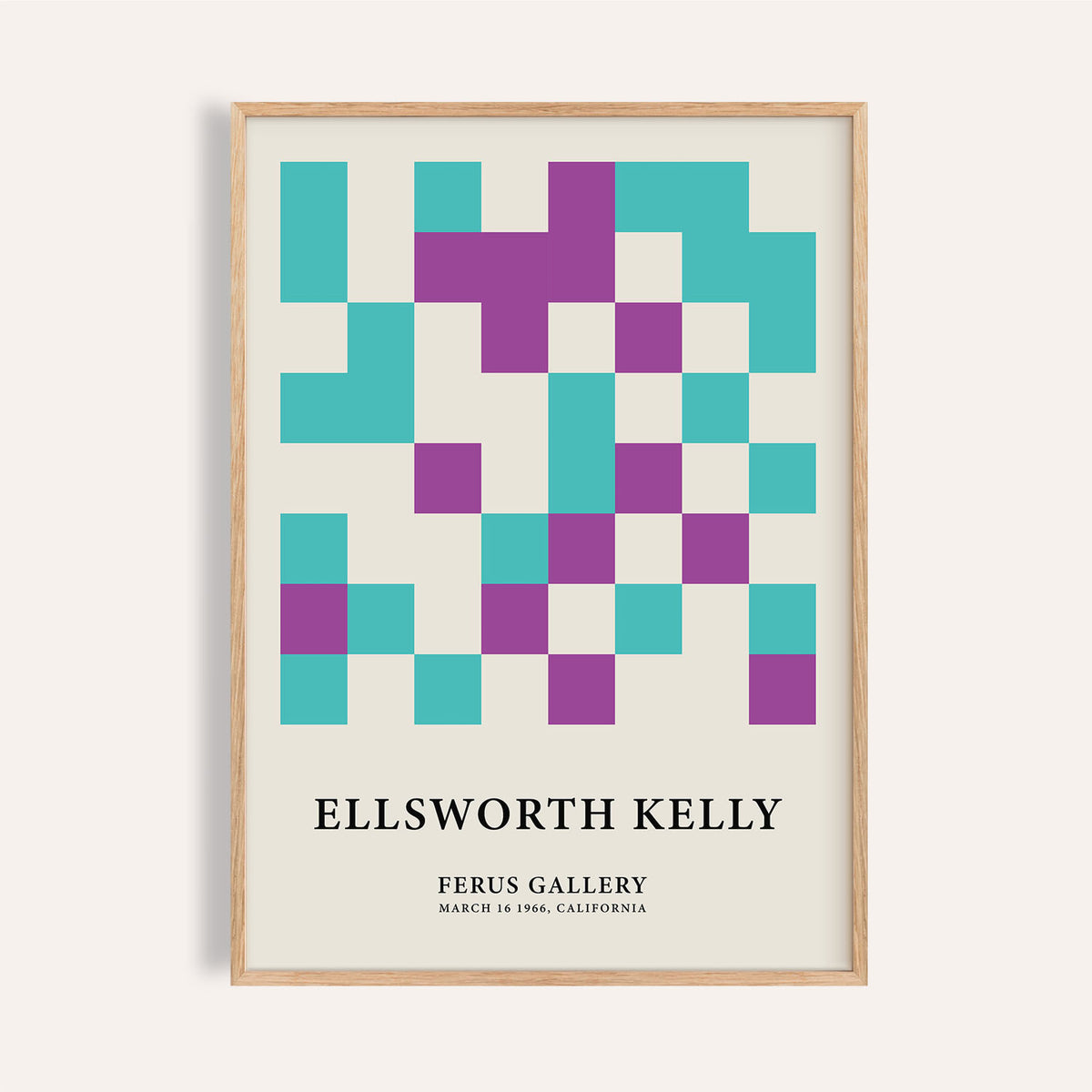 Framed Ellsworth Kelly Pictures with abstract turquoise and purple squares on cream background