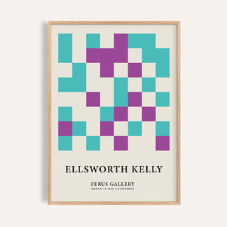 Framed Ellsworth Kelly Pictures with abstract turquoise and purple squares on cream background