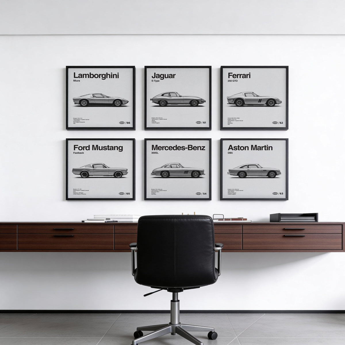 Classic Supercars Poster Set of 6 in black and white minimalist style above a desk with a black chair
