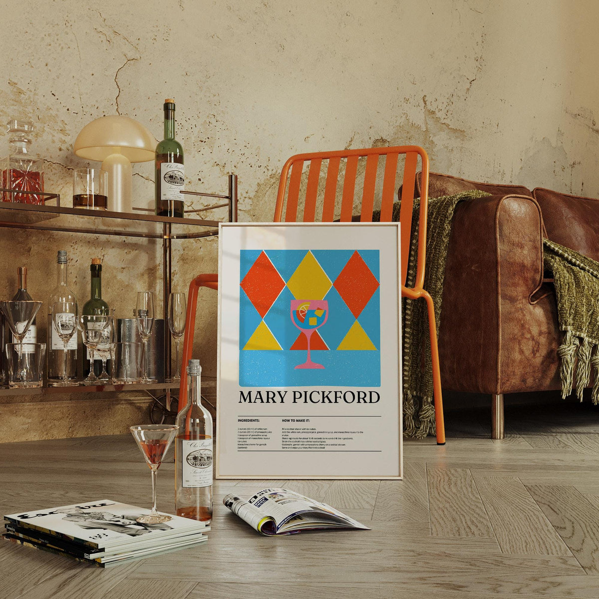 Pictures for Kitchen wall art leaning on floor with a cocktail glass and books nearby