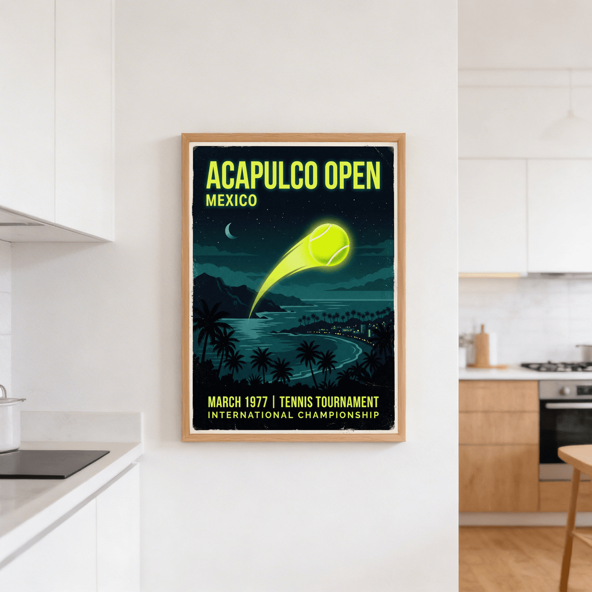 Acapulco Open Tennis Art Print of a glowing tennis ball above a dark blue beach in a kitchen