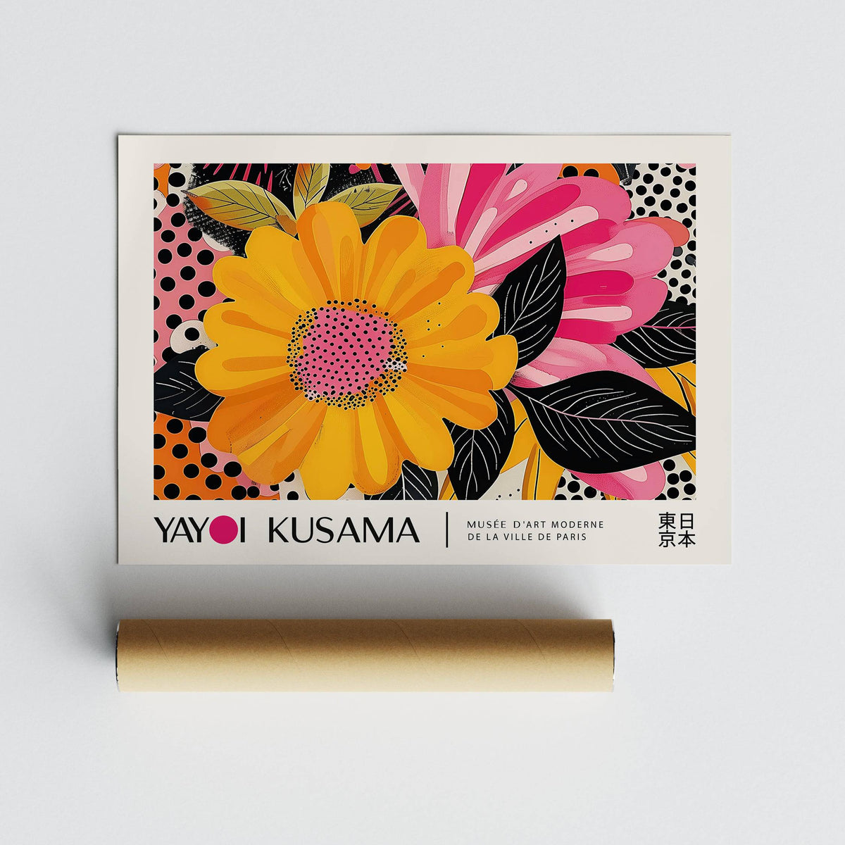 Floral Landscape Paintings wall art with bright yellow and pink flowers and a packaging tube