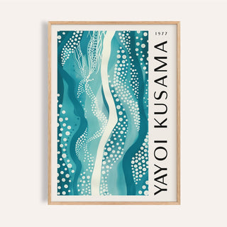 Abstract picture with a teal pattern of wavy lines and dots in a wooden frame