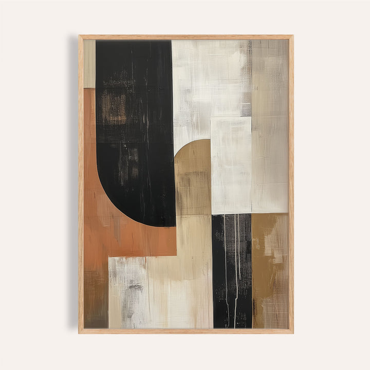 Framed Wabi Sabi wall art with abstract earth shapes in black, cream, and terracotta shades
