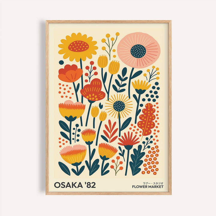 Wall Art Flowers framed print close-up of stylised flowers in mustard yellow and coral with text on cream background