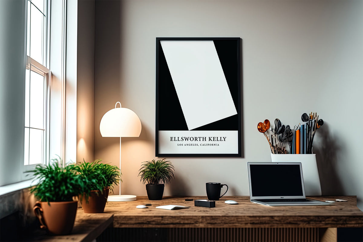 Black and White Office Print with abstract white rectangle above a desk with plants and laptop