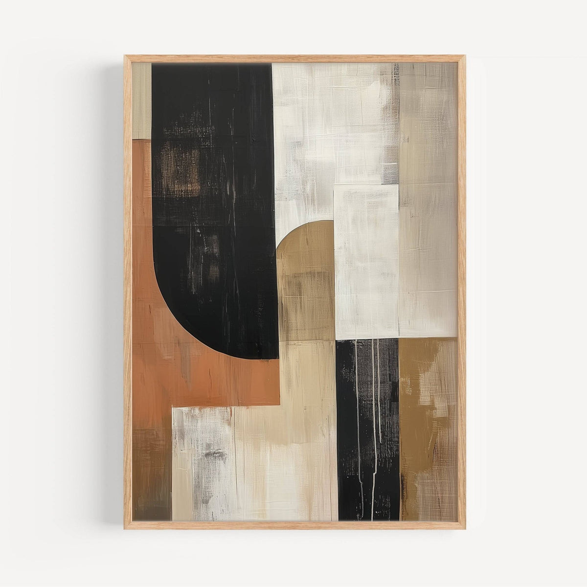 Framed Wabi Sabi wall art of abstract earth shapes in black beige and brown