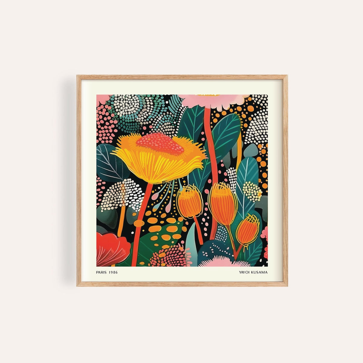 Close-up of floral prints for framing featuring an abstract botanical pattern with yellow and orange blooms
