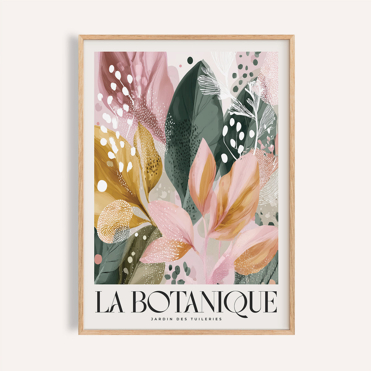 Framed modern flower wall art showing abstract botanical leaves in pink green and mustard tones