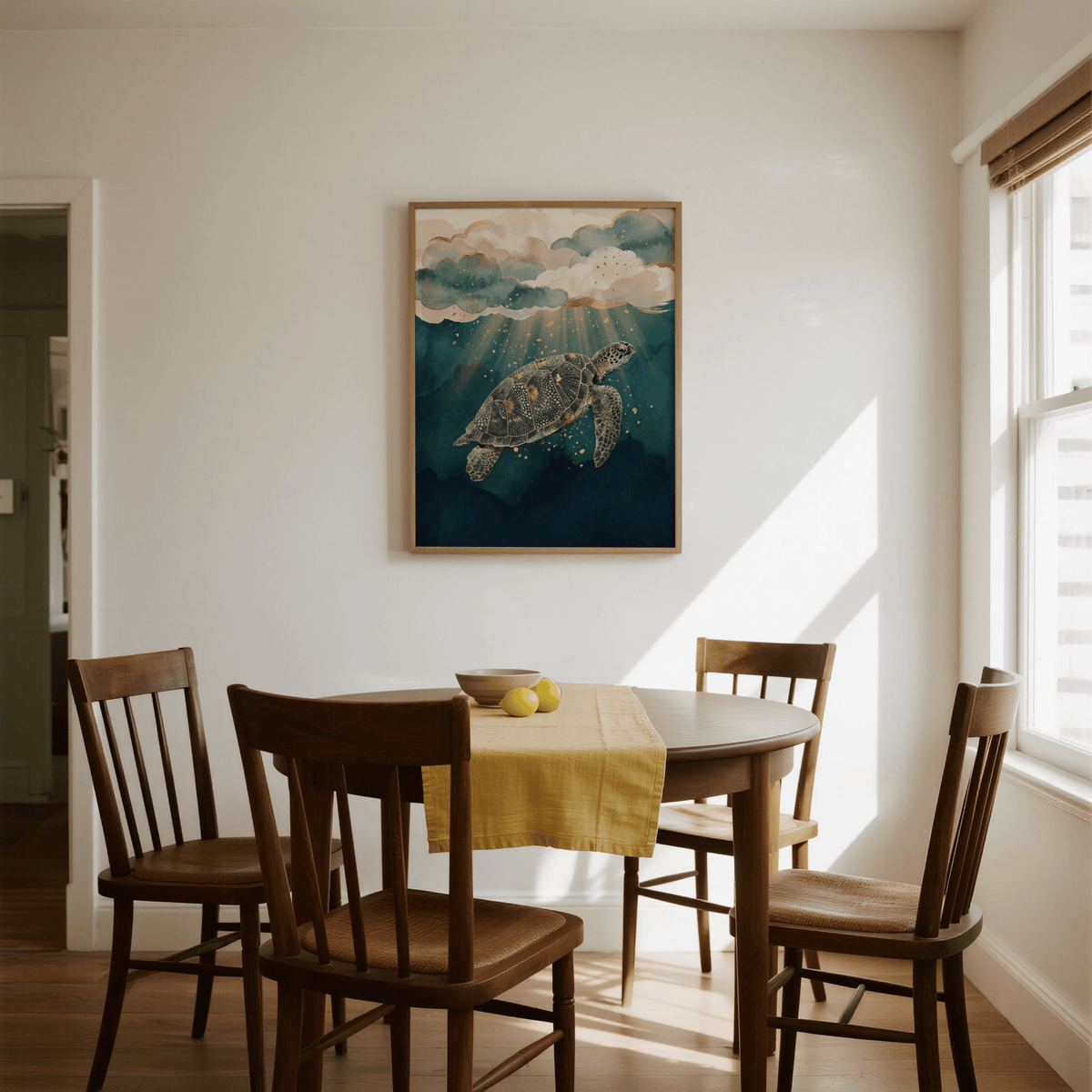 Ocean print decor framed on a wall above a dining table with wooden chairs and a yellow runner