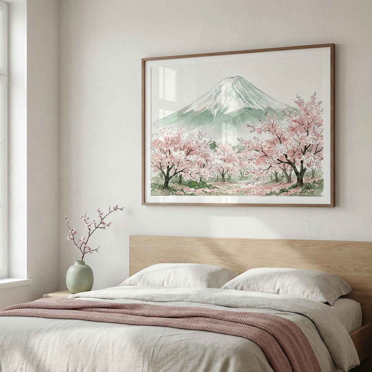 Mount Fuji Print shown above a bed with cherry blossom trees in green and pink watercolour style and a small vase with flowers nearby